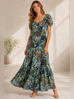 Atelier Floral Watercolor Smocked Waist Puff Sleeve Maxi Dress Size 6